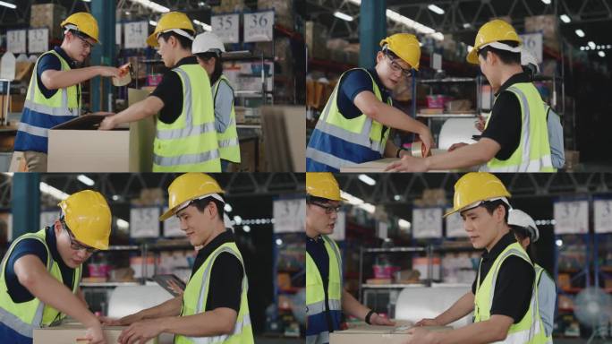 一群仓库工人在仓库里为顾客准备产品。