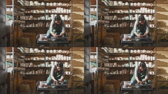 年轻艺术家在陶艺工作室用她的双手制作碗，手工创作艺术家，小生意