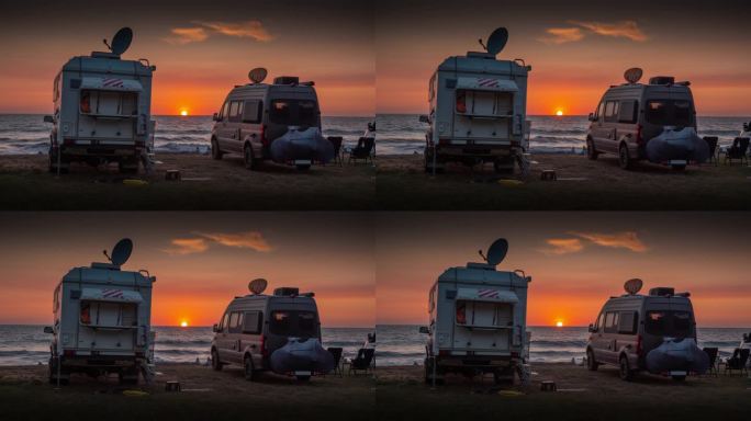 日落时海边的露营车