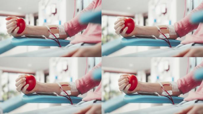 女性献血者的手的特写镜头。白人妇女挤压心形红球，将血液通过管道泵入袋中。器官移植病人的捐赠
