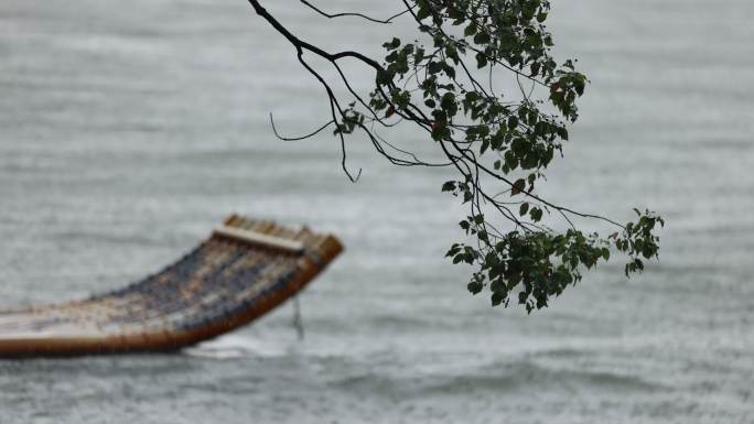 雨中竹筏河湖景的结合