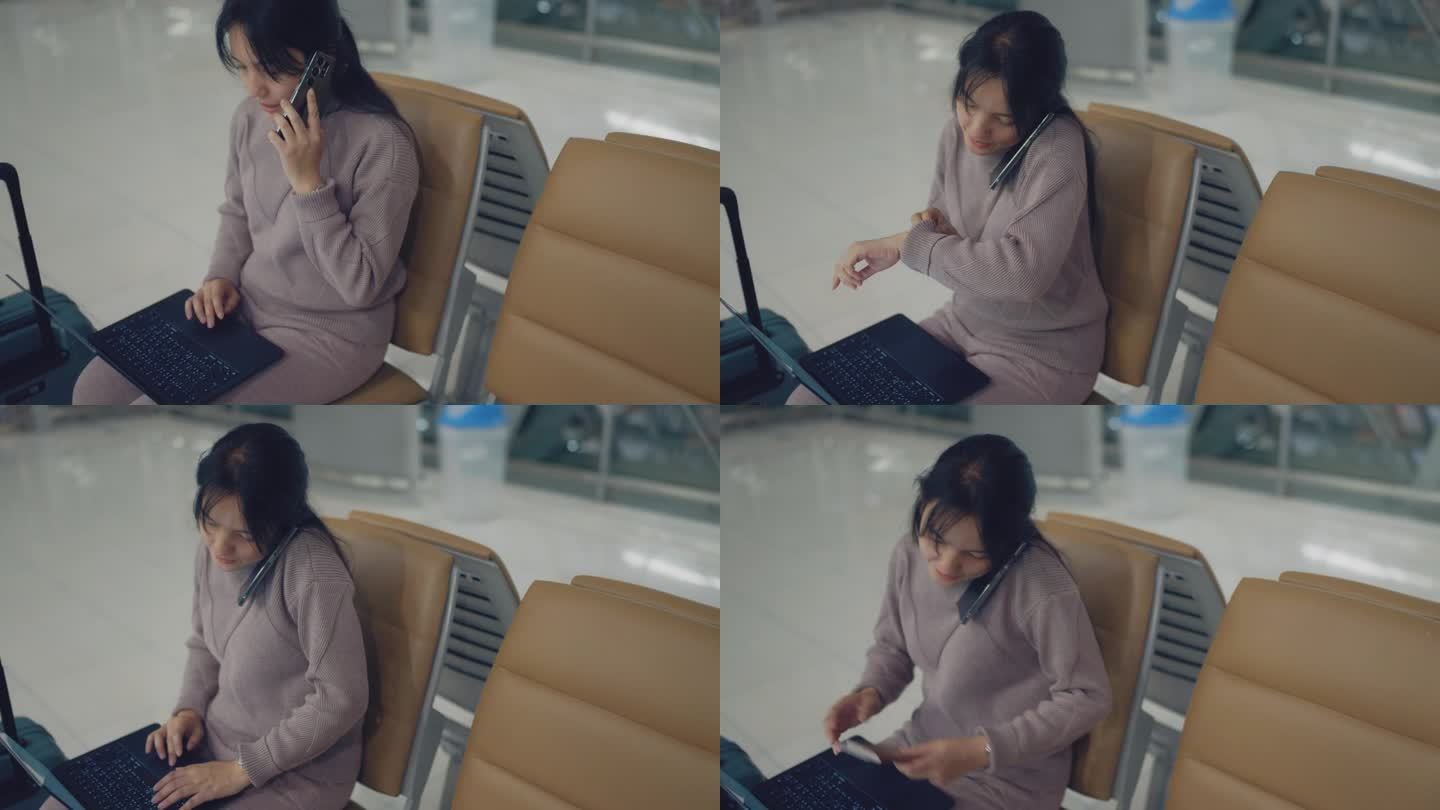 在国际机场候机厅，女乘客坐在椅子上，用笔记本电脑和智能手机查看航班时间