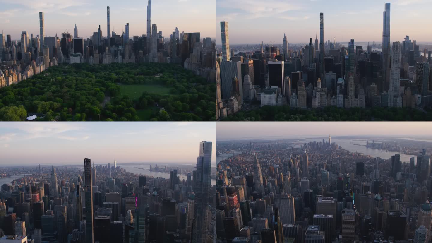 直升机游览纽约市建筑。在温暖的黄昏阳光下，飞越中央公园，俯瞰曼哈顿的办公大楼和摩天大楼全景