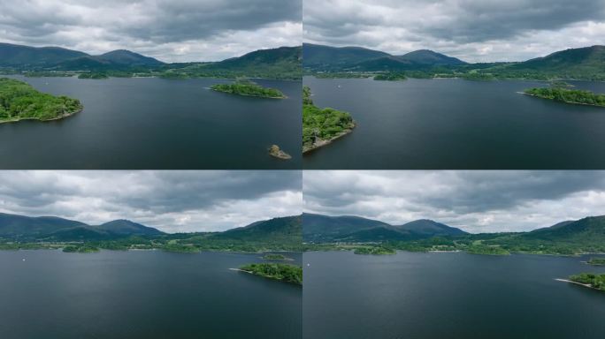 鸟瞰日落时分美丽的大湖和岛屿(德文特湖，英格兰湖区)