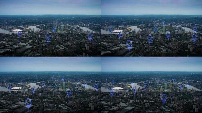 空中智慧城市。连接未来城市的本地化图标。技术理念、数据通信、人工智能、物联网。伦敦的天际线。