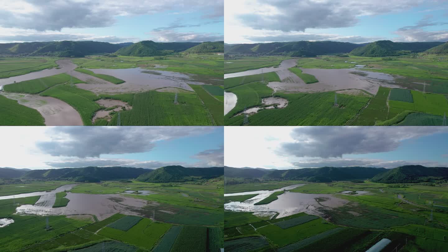 4k航拍雨后被淹的农田