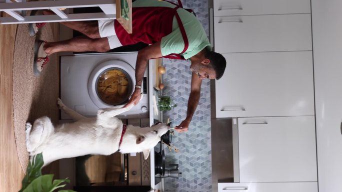 西班牙裔成熟男子在厨房与狗一起做饭，喂意大利面