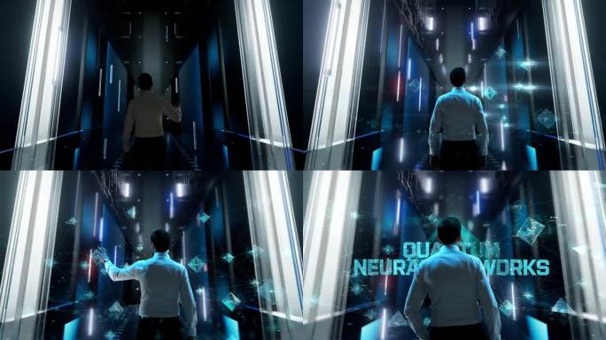 量子神经网络。未来主义办公室内部的人移动和激活全息图。
