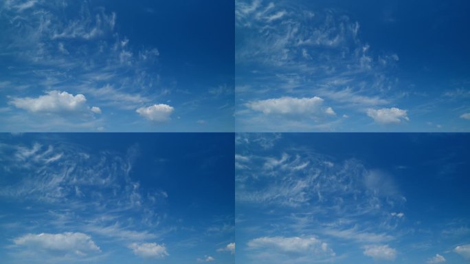 漂浮的蓬松的云。美丽的阳光明媚的蓝天，在不同的层上有缕缕烟雾状的白色积云和卷云。间隔拍摄。
