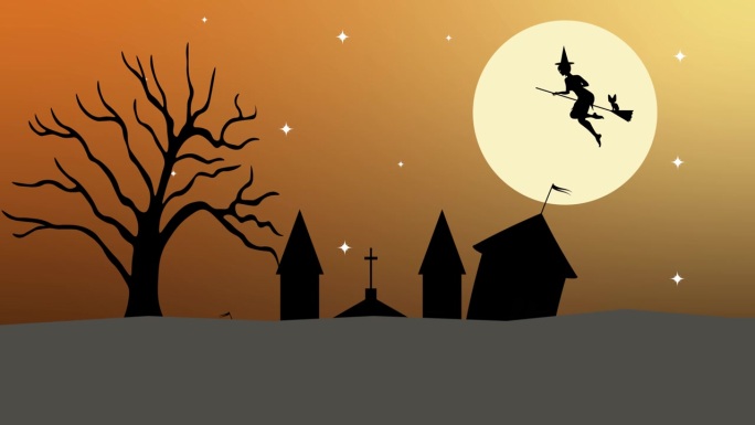 万圣节。动画，卡通，视频，镜头，运动。出现了一座可怕的城堡，一棵魔法树，一个骑着扫帚和蝙蝠的飞行女巫