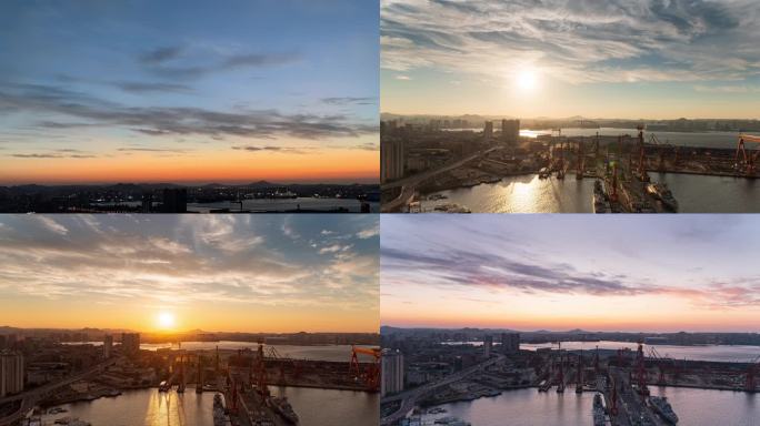 4K宣传片的大连海港的日冕夕阳和晚霞延时