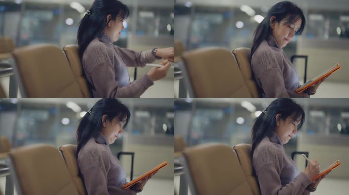 亚洲女游客在机场等候朋友时，用数码平板电脑和手表查看时间和航班。