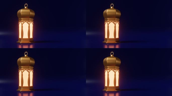 古尔邦节是穆斯林的宗教节日，伊斯兰教的节日斋月结束，烛光灯笼用发光的灯光复制空间，深蓝色背景的3d动