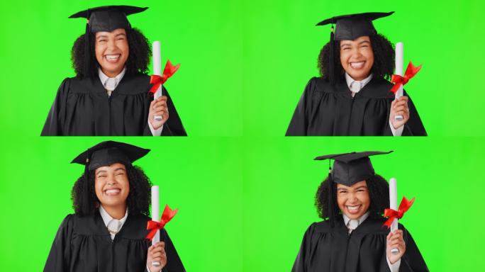 快乐的女人，绿屏幕上有文凭和毕业证书的学生，有大学学历的兴奋女孩。非洲大学毕业，证书和微笑庆祝，学习