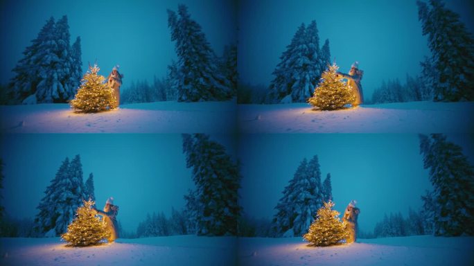 白雪覆盖的森林中央的空地上，一名妇女把装饰品挂在圣诞树上