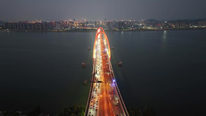 航拍杭州彩虹快速路之江大桥夜景