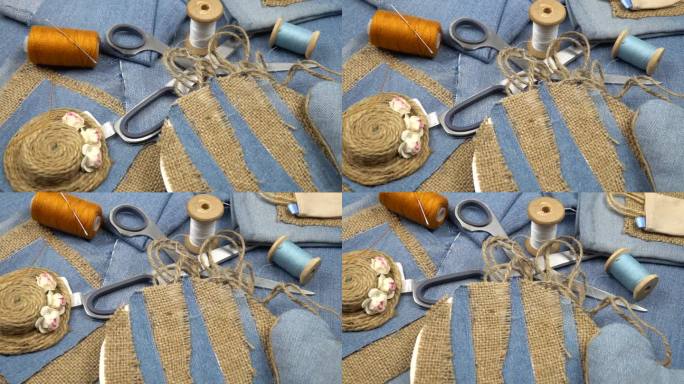用旧牛仔布和缝纫配件手工制作的工艺品，慢动作