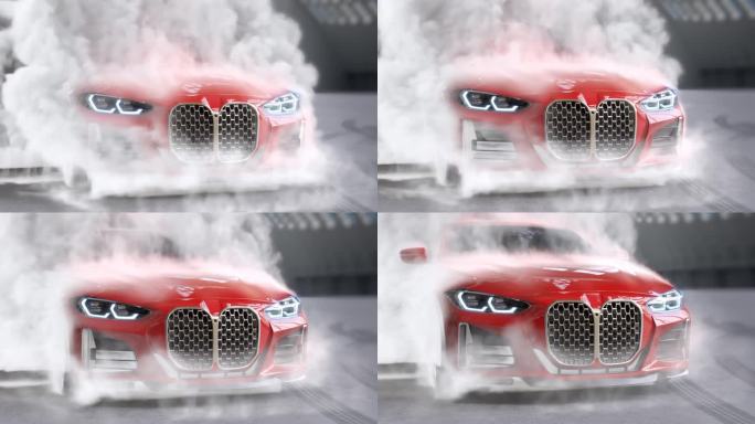 红色跑车穿过倦怠的烟雾