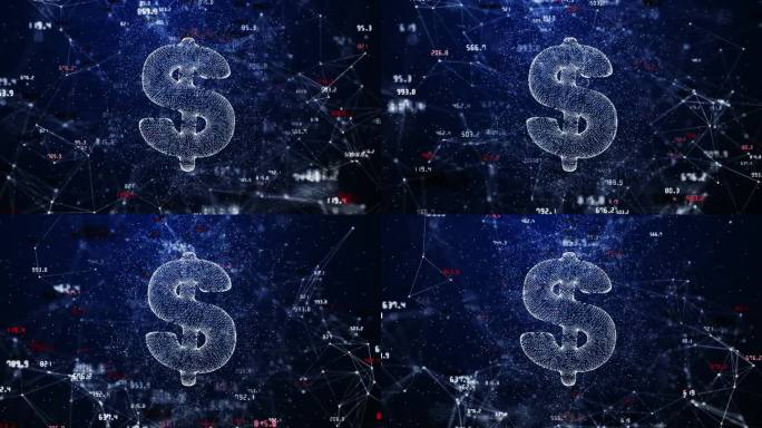 美元符号在蓝色背景上与不断变化的金融指标。线和点与移动的数字。抽象循环动画。