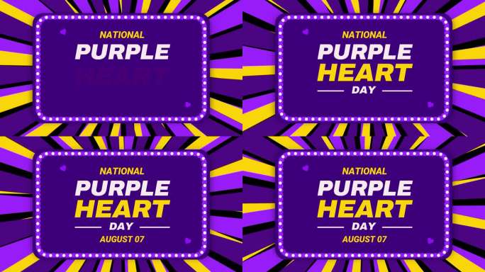紫心纪念日4K动画，彩色爱国形状和排版在中心。全国紫心勋章日庆典概念背景