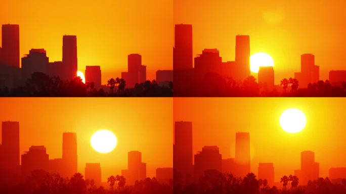 太阳从洛杉矶市中心后面升起的延时照片