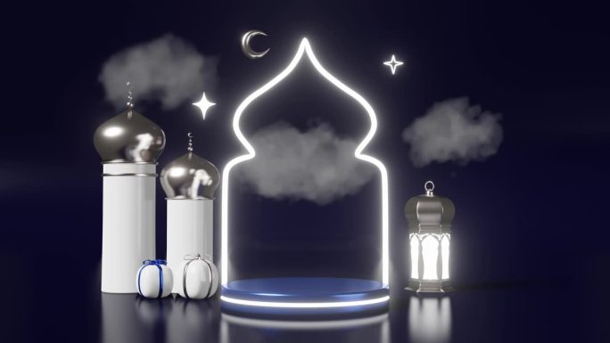 伊斯兰新年发光讲台场景新年回教年假期清真寺剪影灯笼3d动画循环。回教月斋月产品广告模板古尔邦节销售礼