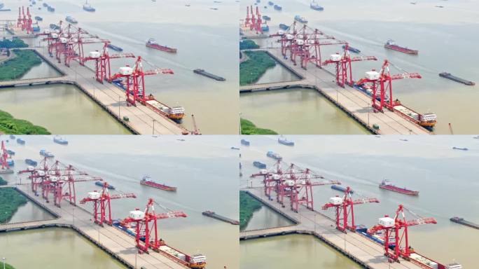 航拍长江扬州港港口轮船货轮卸货装货