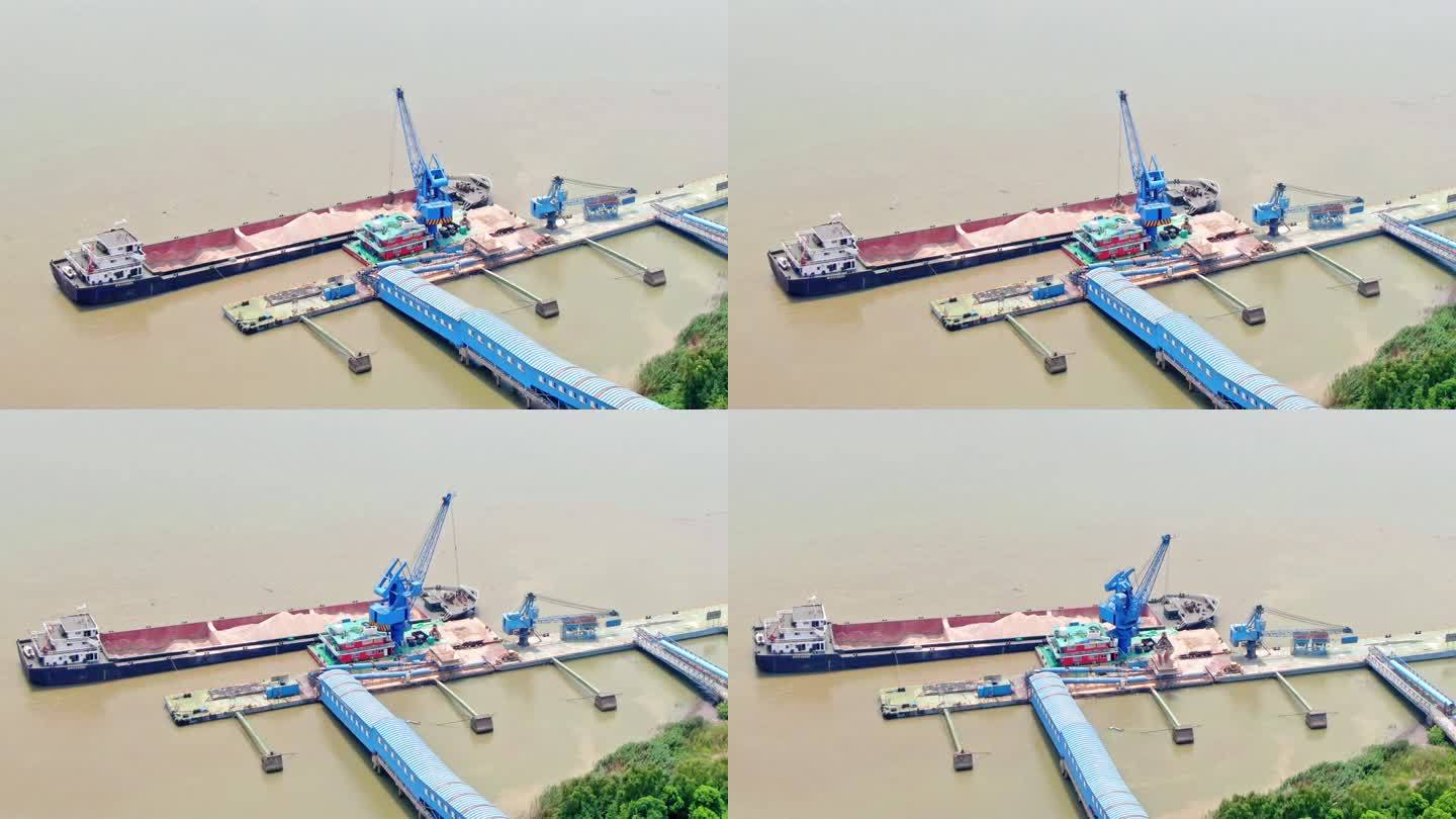航拍长江物流码头港口轮船集装箱装卸货物