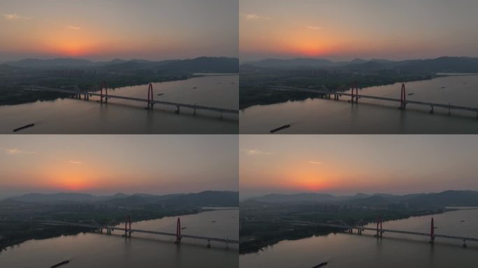航拍杭州之江大桥黄昏日落时分