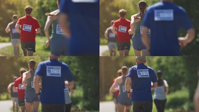 慢动作后景，不同的马拉松参赛者竞争的比赛终点线:一群人通过公园健康步道和参与慈善活动，保持健康