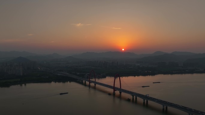 航拍杭州之江大桥日落美景