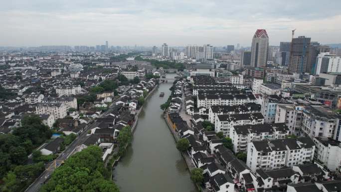 江南水乡苏州山塘街历史文化古建筑航拍