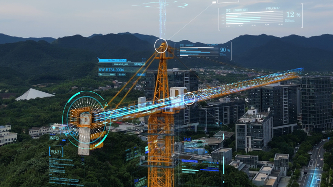 科技感城市建设塔吊hud连线模板素材