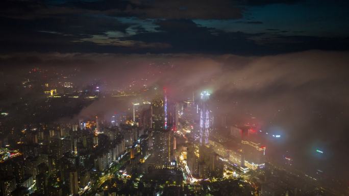 南宁东盟商务区蓝调云海夜景航拍延时