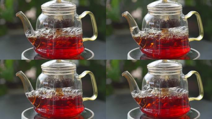 在花园里用电炉玻璃茶壶煮红茶的升格慢动作