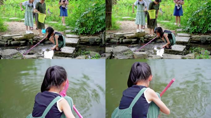 快乐童年夏天幸福童年小孩溪边捞鱼