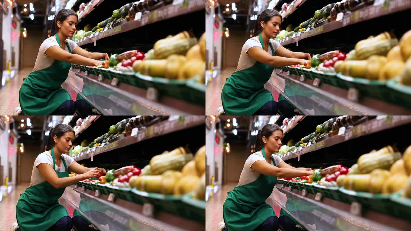年轻漂亮的售货员在超市冷藏室检查西红柿，看起来很专注