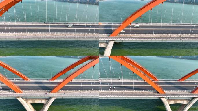 航拍跨江大桥过江的车流