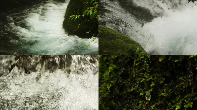 唯美原始森林溪流 壮观瀑布 苔藓 水车
