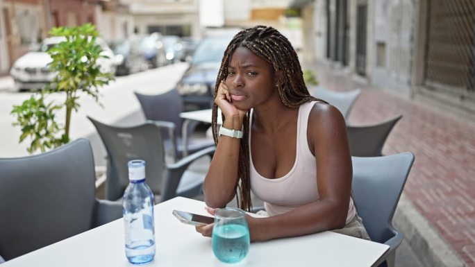 非裔美国妇女在咖啡店露台上用智能手机看手表