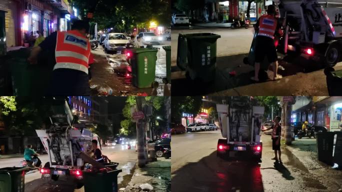 环卫工人夜晚收垃清洁城市卫生城垃圾运输车