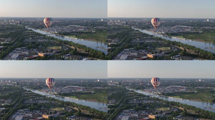 Nieuwegein, 2023年7月7日，荷兰夏日里，热气球在新城上空飞行。