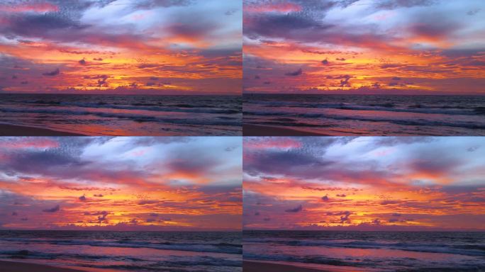 镜头热带海滩，傍晚的云快速移动，滚动黑暗的夕阳天空，红，紫，橙，蓝，粉红的云景背景。