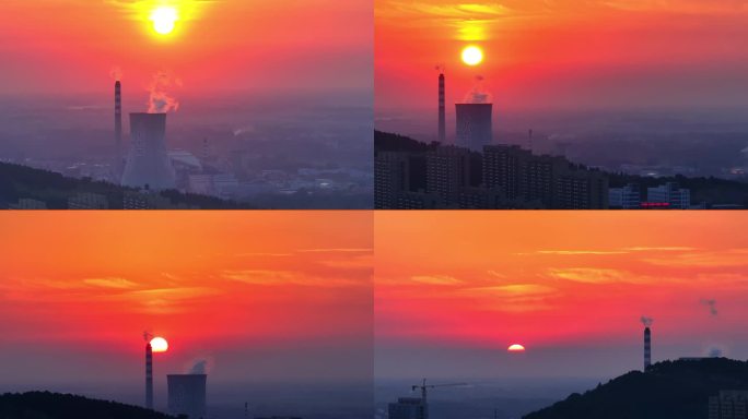 航拍夕阳下的凤凰山和八一电厂红似火