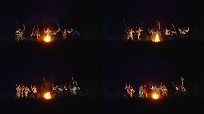 围着篝火跳舞的原始部落族人