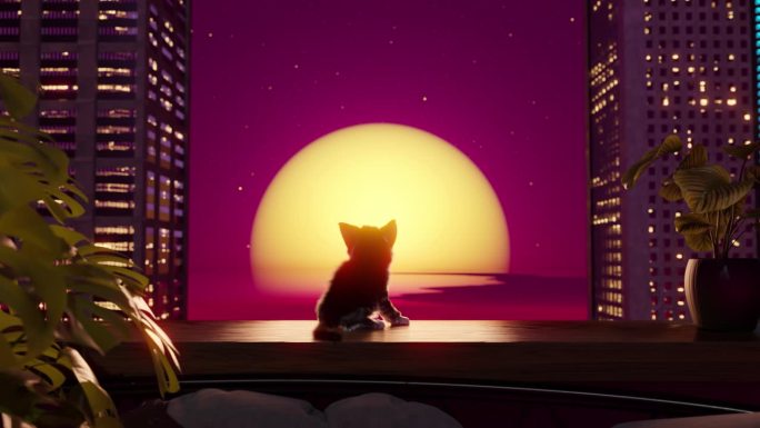 日落时，猫坐在阳台上。无缝循环3d风格化动画。