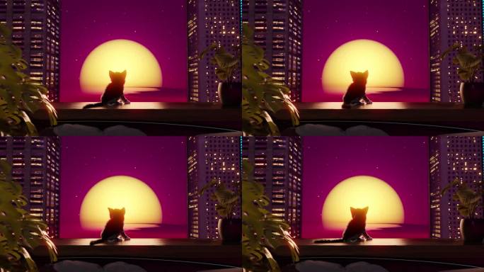 日落时，猫坐在阳台上。无缝循环3d风格化动画。