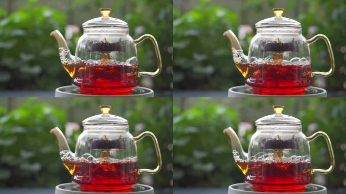 在花园里用电炉玻璃茶壶煮红茶的升格慢动作