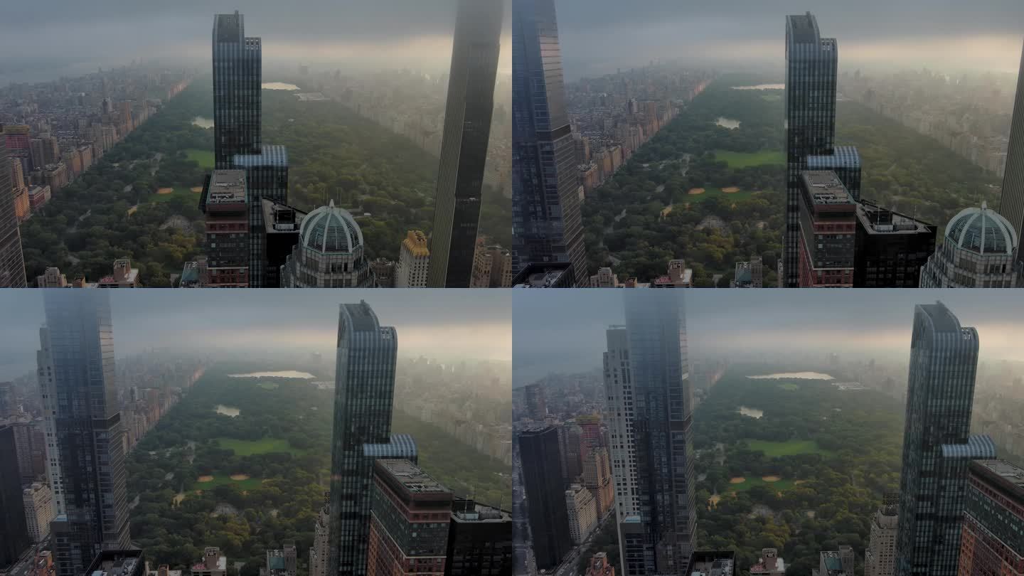 城市航拍纽约中央公园摩天大楼日出阳光云