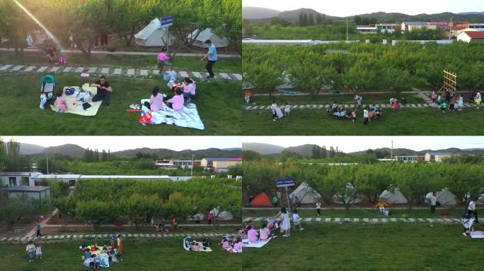 航拍依山傍水亲子游玩